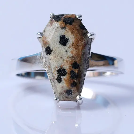 Dalmatian Jasper Ring, Dalmatian Jasper 10x17 Mm Coffin 925 Solid Silver Ring, Gemstone Ring, Gemstone Jewelry, Jewelry Gift For Mother