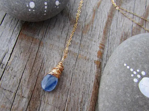 Kyanite Pendant Necklace, Small, Simple, Gold, Wire Wrapped Gemstone Pendant