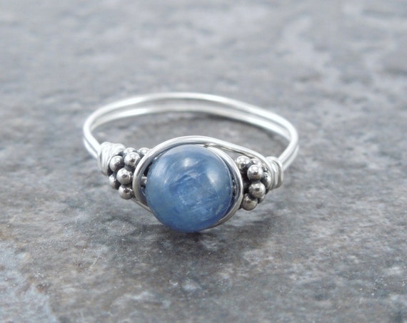 Kyanite Sterling Silver And Bali Bead Ring - Any Size