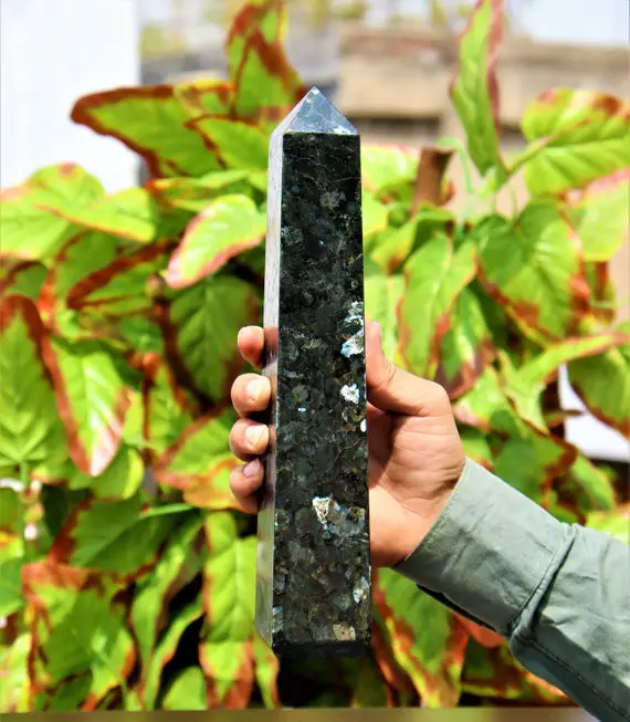 Blue Pearl Larvikite Obelisk - 280mm Natural Healing Tower, Metaphysical Chakra Energy, Unique Spiritual Gift