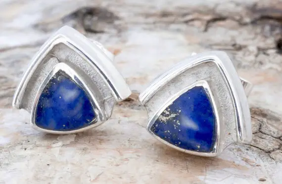 Lapis Lazuli Earrings - Triangle Stud Earrings - Sterling Silver Stud Earrings - Gemstone Stud Earrings - Handmade - Lapis Lazuli