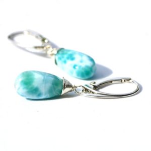 Shop Larimar Earrings! Wire Wrapped Natural Larimar Earrings Solid Sterling Silver 925 , Healing Gem , Wedding , Bridal , Anniversary | Natural genuine Larimar earrings. Buy handcrafted artisan wedding jewelry.  Unique handmade bridal jewelry gift ideas. #jewelry #beadedearrings #gift #crystaljewelry #shopping #handmadejewelry #wedding #bridal #earrings #affiliate #ad