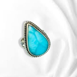 Shop Larimar Rings! Natural Larimar Ring, AAA+ Quality Gemstone Ring, Pear Cabochon Stone, Sterling Silver Ring, Antique Silver Ring, Middle Finger Ring, Boho | Natural genuine Larimar rings, simple unique handcrafted gemstone rings. #rings #jewelry #shopping #gift #handmade #fashion #style #affiliate #ad
