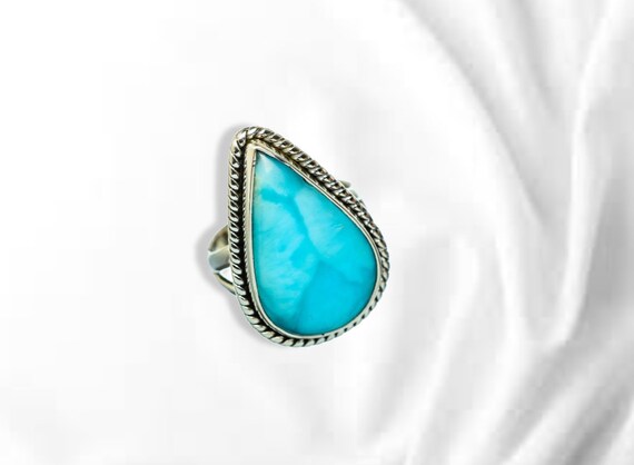 Natural Larimar Ring, Aaa+ Quality Gemstone Ring, Pear Cabochon Stone, Sterling Silver Ring, Antique Silver Ring, Middle Finger Ring, Boho
