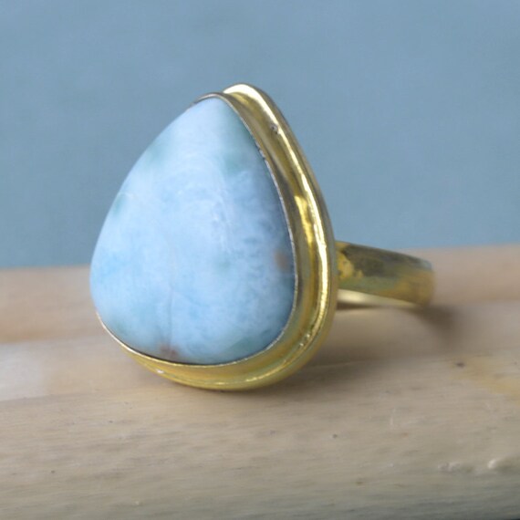 Natural Blue Larimar 925 Sterling Silver 18k Yellow Plated, Rose Gold Plated Gold Ring, Vintage Inspired Statement Artisan Ring