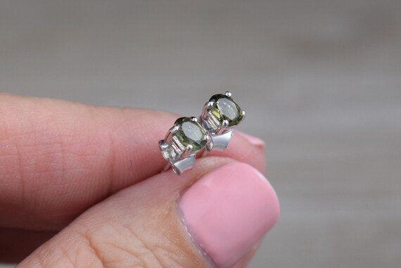 Moldavite Stud Earrings (sterling Silver) - Green - Genuine Faceted Gemstone Studs - 5 X 4 Mm Oval