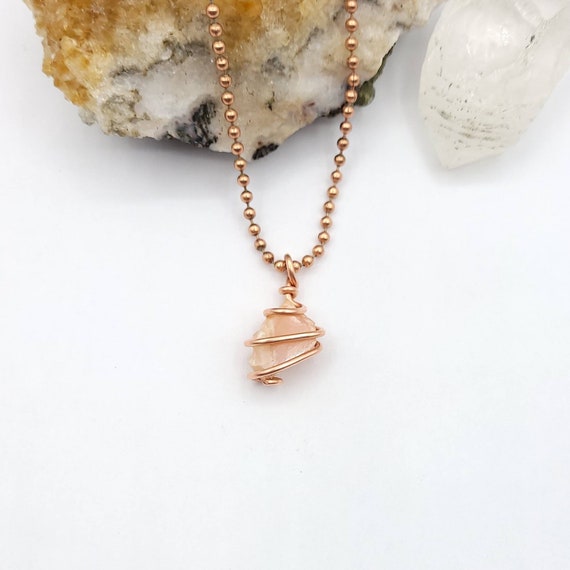 Peach Moonstone Necklace, Copper Wire Wrapped Moonstone Pendant