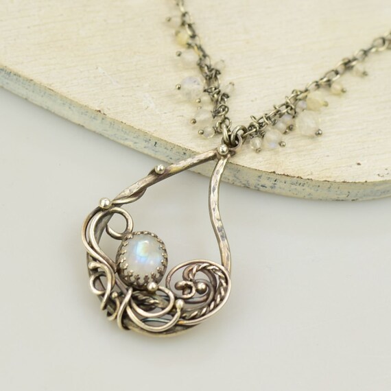 Moonstone Romantic Necklace,  Wire Wrapped Jewelry, Sterling Silver Pendant, Retro Gemstone Jewelry