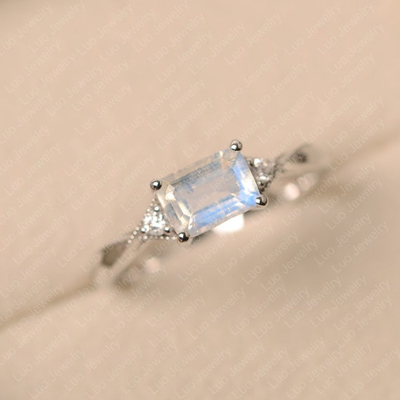 Blue Moonstone Ring, Emerald Cut, June Birthstone, Three Stone Ring, Sterling Silver, Wedding Ring