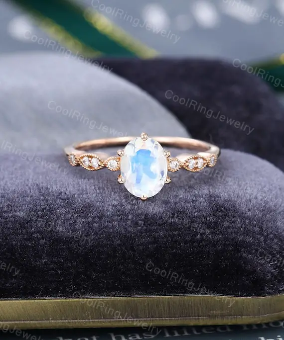 Oval Cut Moonstone Engagement Ring Vintage Unique Rose Gold Engagement Ring Diamond/moissanite Ring Bridal Ring Anniversary Gift For Women