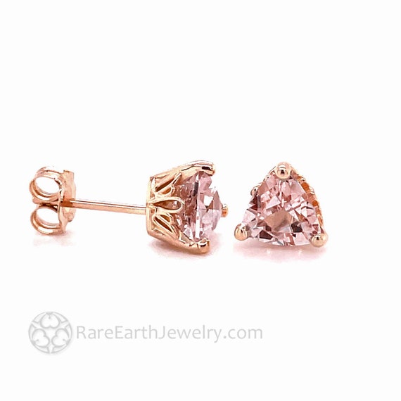 14k Rose Gold Morganite Earrings Trillion Cut Morganite Stud Earrings Post Earrings Pink Triangle Earrings Peach Gemstone Earrings