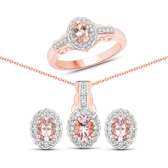Morganite Jewelry Set, 14k Rose Gold Morganite Ring, Earring & Pendant Necklace Set For Women, Bridal Jewelry Set For Her, Bridesmaid Gift