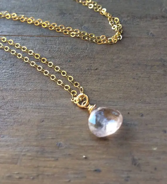 Natural Morganite Pendant, Gold Chain Necklace, Pale Pink Gemstone, Tiny Charm, Small Jewelry.