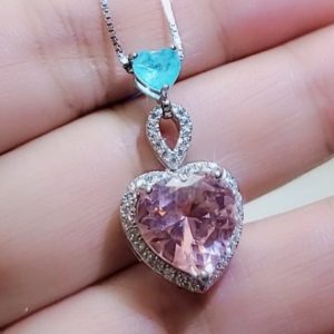 Shop Morganite Pendants! Pink Morganite Necklace Double Heart – Sterling Silver Blue Paraiba  Couple Two Connect Heart Pendant – 18KGP with Lab Created Morganite | Natural genuine Morganite pendants. Buy crystal jewelry, handmade handcrafted artisan jewelry for women.  Unique handmade gift ideas. #jewelry #beadedpendants #beadedjewelry #gift #shopping #handmadejewelry #fashion #style #product #pendants #affiliate #ad
