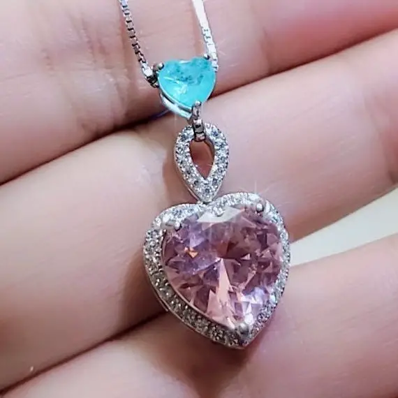 Pink Morganite Necklace Double Heart Sterling Silver Blue Paraiba Couple Two Connect Heart Pendant - 18kgp With Lab Created Morganite #736