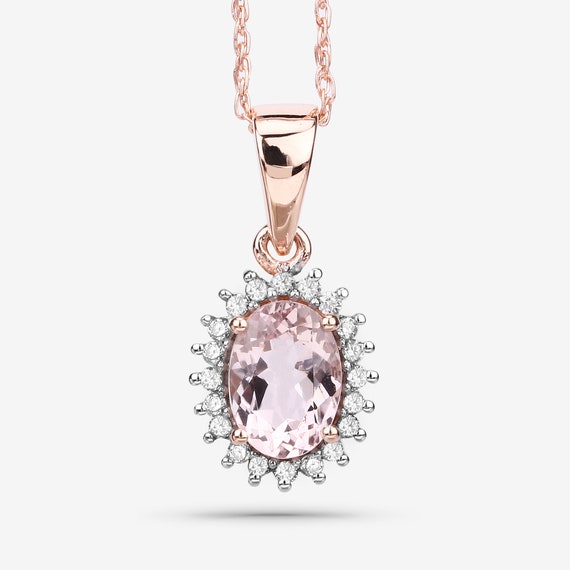 Morganite Pendant, Solid 14k Rose Gold Morganite Diamond Halo Pendant Necklace, Pink Peach Gemstone Gold Pendant, Anniversary Gift For Her