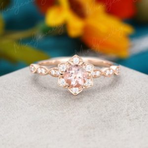Morganite engagement ring rose gold Unique engagement ring vintage Diamond Flower Half eternity wedding Bridal Anniversary gift for women | Natural genuine Array rings, simple unique alternative gemstone engagement rings. #rings #jewelry #bridal #wedding #jewelryaccessories #engagementrings #weddingideas #affiliate #ad