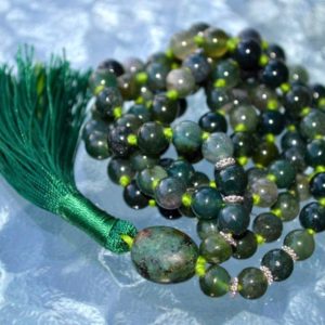Shop Moss Agate Necklaces! Heart Chakra mala necklace, Moss Agate, 108 mala beads, Yoga necklace, Tassel necklace, Japa mala, Prayer beads, Healing stones, Knotted mal | Natural genuine Moss Agate necklaces. Buy crystal jewelry, handmade handcrafted artisan jewelry for women.  Unique handmade gift ideas. #jewelry #beadednecklaces #beadedjewelry #gift #shopping #handmadejewelry #fashion #style #product #necklaces #affiliate #ad