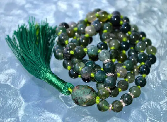 Heart Chakra Mala Necklace, Moss Agate, 108 Mala Beads, Yoga Necklace, Tassel Necklace, Japa Mala, Prayer Beads, Healing Stones, Knotted Mal