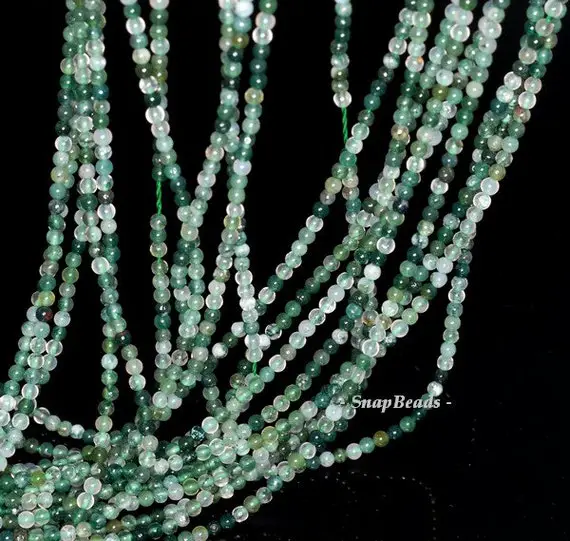 2mm Botanical Moss Agate Gemstone, Inclusions, Green, Round 2mm Loose Beads 16 Inch Full Strand (90113981-107-2mm A)