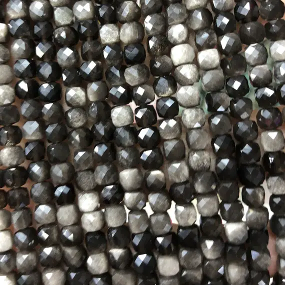 Silver Obsidian Cube Stone Beads, Natural Gemstone Beads, Stone Beads, Faceted Beads 4-5mm 15''