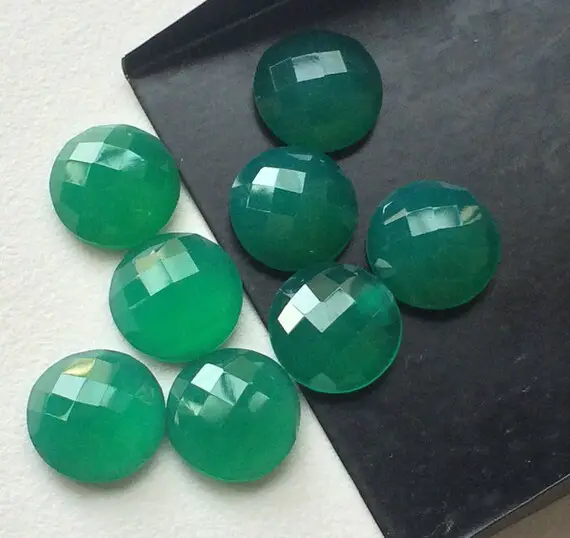 14mm Green Onyx Rose Cut Cabochons, Green Onyx Faceted Round Cabochons, Green Onyx Round Calibrated For Jewelry (5pcs To 10pcs Options)