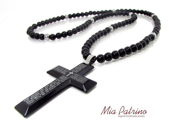Onyx Mens Cross Necklace, Stainless Steel Cross Necklace For Men, Mens Cross Necklace, Mens Beaded Necklace, Black Onyx Cross Necklace