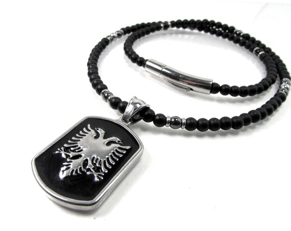 Black Matte Onyx Mens Necklace With Stainless Steel Eagle Pendant, 4mm Mens Gemstone Beaded Necklace, Eagle Necklace, Gift For Men +gift Box