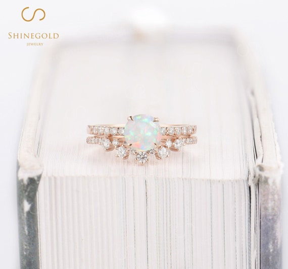 Round Cut Natural Opal Engagement Ring Vintage Rose Gold Bridal Unique Curved Half Eternity Art Deco Diamond/moissanite Wedding Promise Ring