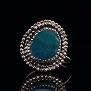 Shop Opal Rings! Size 6 Blue Boulder Opal Gemstone Ring In Sterling Silver With Beaded Border | Teal Aqua Blue Boho Bohemian Southwestern Solataire Ring | Natural genuine Opal rings, simple unique handcrafted gemstone rings. #rings #jewelry #shopping #gift #handmade #fashion #style #affiliate #ad