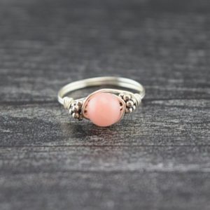 Shop Opal Rings! Sterling Silver Peruvian Pink Opal and Bali Bead Ring | Natural genuine Opal rings, simple unique handcrafted gemstone rings. #rings #jewelry #shopping #gift #handmade #fashion #style #affiliate #ad