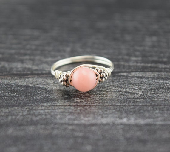 Sterling Silver Peruvian Pink Opal And Bali Bead Ring