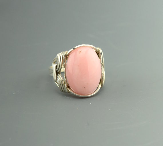 Sterling Silver Pink Opal Wire Wrapped Ring