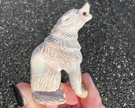 Opal Wolf Carving, Mexican Opal In Matrix, Howling Coyote Figurine, Crystal Wolf, October Birthday Gift For Her, Gemstone Spirit Animal #4