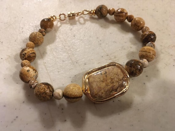Brown Bracelet - Picture Jasper Jewelry - Gemstone Jewellery - Gold - Earth Tones - Natural
