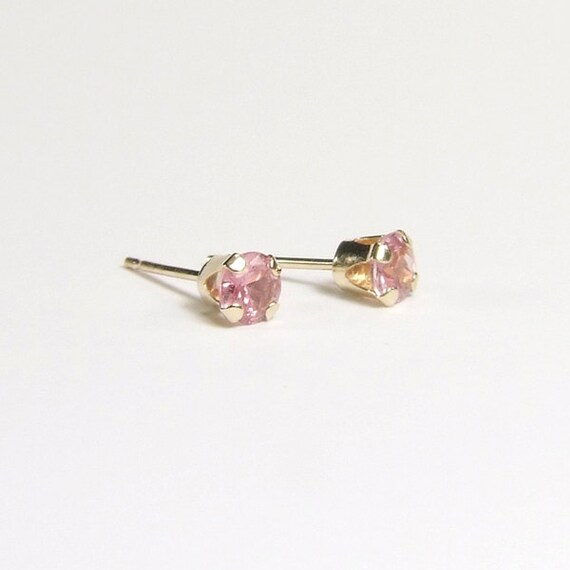 Pink Sapphire Earrings In Solid Gold (natural Pink Sapphires), 3.4mm X 0.19 Carats, Round Cut, 14 Karat Gold Pink Sapphire Studs