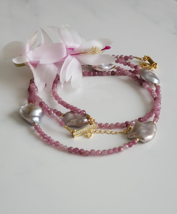 Pink Tourmaline Necklace, Pink Tourmaline And Silver Freshwater Nugget Pearls, Double Stranded Beaded Necklace