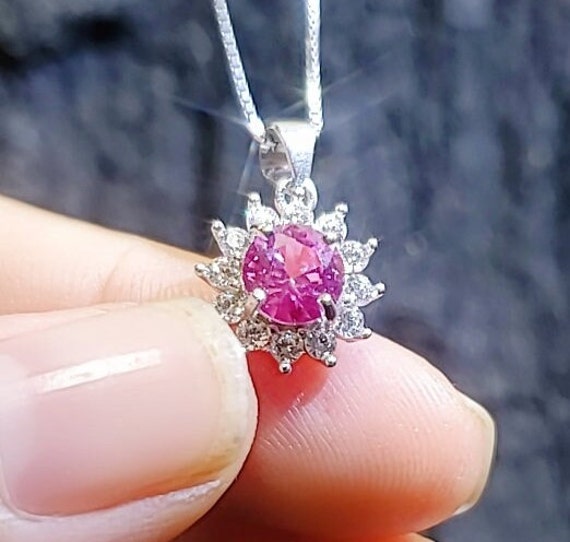 Minimalist Pink Tourmaline Necklace - 18kgp @ Sterling Silver -   Sunflower Princess Diana Style  - Tiny Pink Tourmaline Pendant 018