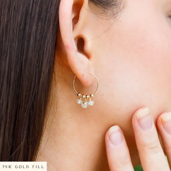 Prehnite Dainty Bead Drop Hoop Earrings, Small Feminine Light Crystal Hoop Earrings Gift For Her, Non-tarnish Genuine Gemstone Jewellery
