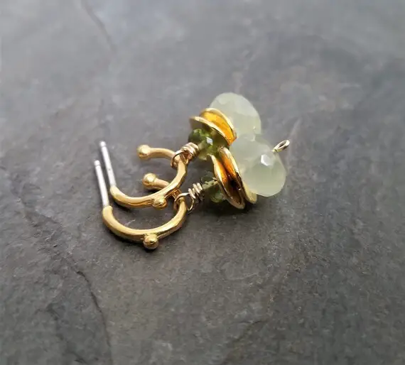 Prehnite Peridot Little Hoop Earrings, Genuine Gemstone Dangle, Double Green Rondelle Bead Drops, Gold Huggies