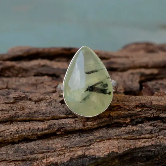 Natural Prehnite Gemstone Ring, 925 Sterling Silver, Pear Bezel Set Prehnite Ring, Green Prehnite Gift Ring ,natural Prehnite Gemstone Ring