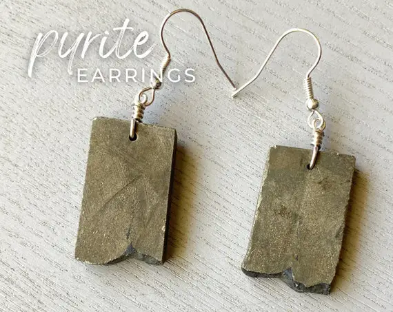 Pyrite Earrings, Raw Stone Earrings, Fools Gold Earrings Pyrite Jewelry, Apache Gold Jewelry, Gemstone Drop Earrings Silver Hooks Exact Pair