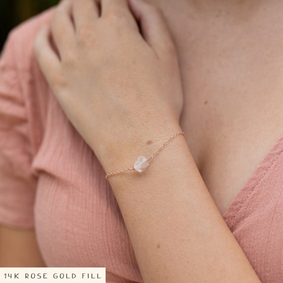 Raw Clear Crystal Quartz Bracelet In Gold, Silver, Bronze, Or Rose Gold - 6" Chain With 2" Adjustable Extender - April Birthstone Bracelet