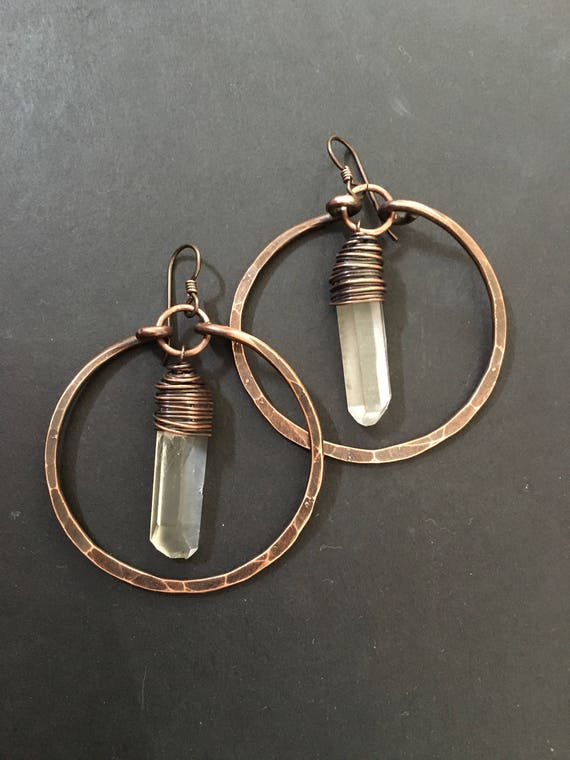 Copper Hoop Earrings Crystal Earrings Raw Quartz Healing Crystals Copper Hoops /rustic Jewelry Daniellerosebean Dangle Hoops