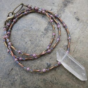 Shop Quartz Crystal Pendants! Dainty Quartz Crystal Necklace, frosted white quartz pendant fairy necklace with subtle mauve beaded chain | Natural genuine Quartz pendants. Buy crystal jewelry, handmade handcrafted artisan jewelry for women.  Unique handmade gift ideas. #jewelry #beadedpendants #beadedjewelry #gift #shopping #handmadejewelry #fashion #style #product #pendants #affiliate #ad