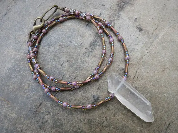 Dainty Quartz Crystal Necklace, Frosted White Quartz Pendant Fairy Necklace With Subtle Mauve Beaded Chain