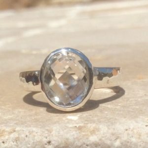 Shop Quartz Crystal Rings! Crystal Quartz Hammered Silver Ring, Oval Stone Gemstone Silver Ring, Gift for Her | Natural genuine Quartz rings, simple unique handcrafted gemstone rings. #rings #jewelry #shopping #gift #handmade #fashion #style #affiliate #ad