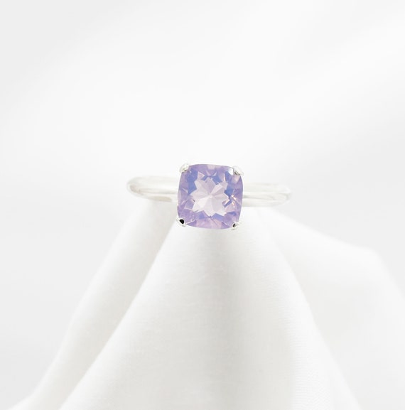 Lavender Quartz Ring, Genuine Gemstone Checkboard Cut 8mm Cushion Cut Faceted, Set In 925 Sterling Silver 4 Prong Ring Mounting