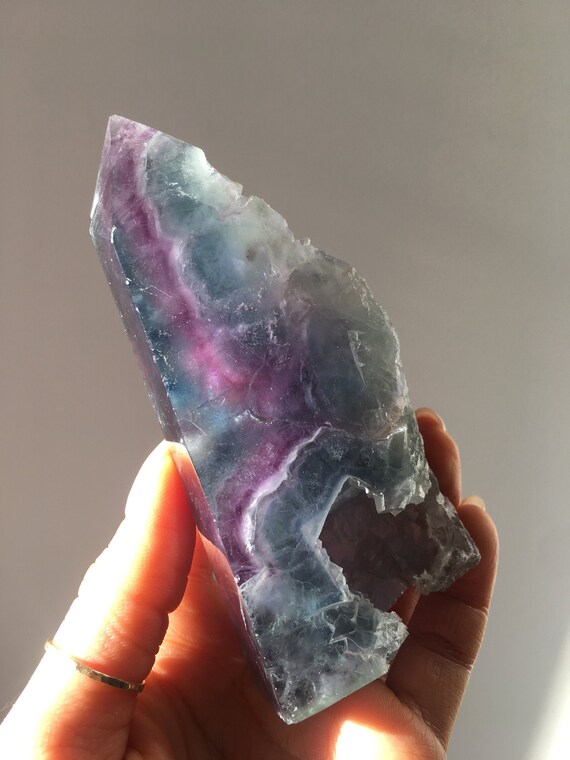 Large Rainbow Fluorite Crystal Point, Semi Polished Tower (11cm)