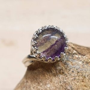 Rainbow Fluorite Ring. Crystal Reiki jewelry uk. Womens Adjustable ring. 10mm stone. 925 sterling silver crown edging. | Natural genuine Fluorite rings, simple unique handcrafted gemstone rings. #rings #jewelry #shopping #gift #handmade #fashion #style #affiliate #ad